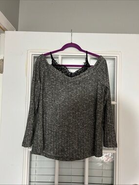 Maurices Gray Off-the-Shoulder V-Neck Sweater with Lace Trim